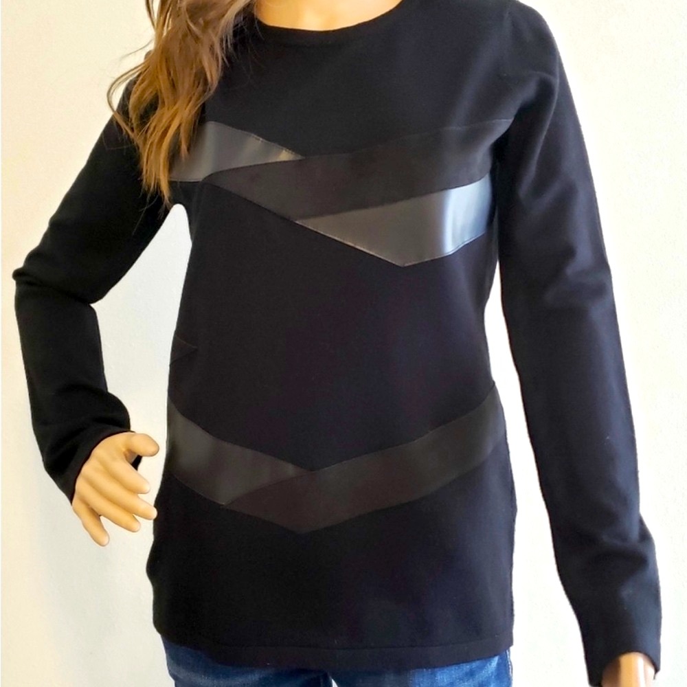 136. Sioni - knit top with strips of Faux Black Leather and Suede